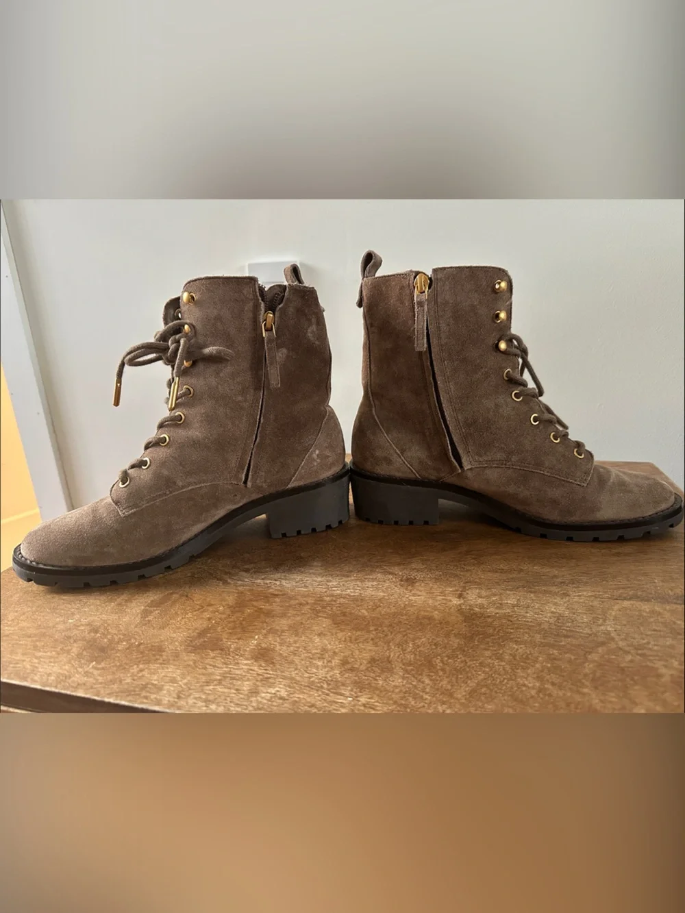 Tory Burch Taupe Suede Lace-Up Combat Boots with Gold Hardware